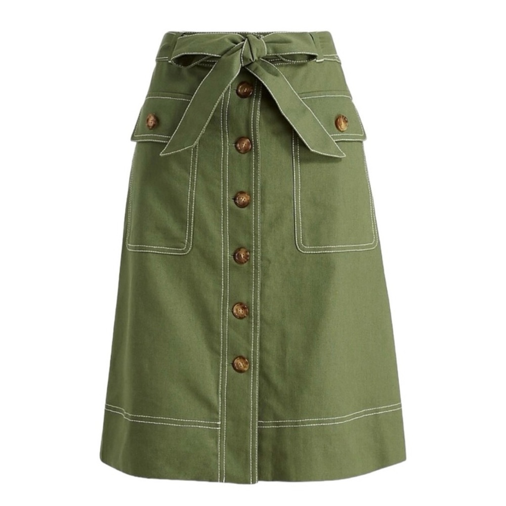 J. Crew Factory Green Linen Cotton Blend Button Front Belted Skirt
